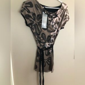 NWT  PIANURA STUDIO Abstract Tan & Black Tie Blouse  $155  Size S/XS